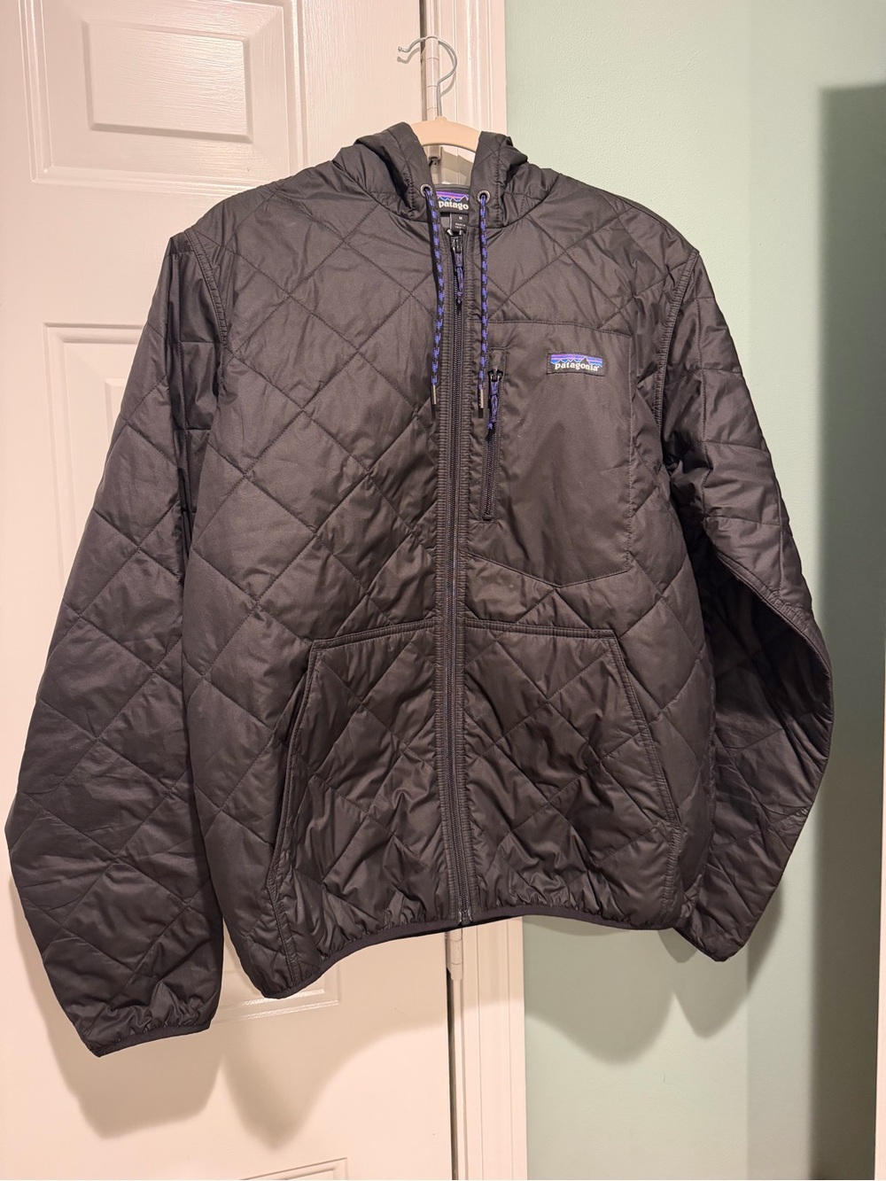 Patagonia Black Quilted Hooded Bomber Jacket, Black, Size Medium